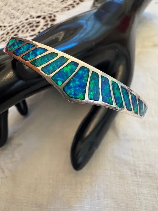 Blue-Green Opal Inlay Sterling Cuff Bracelet - Picture 4 of 10